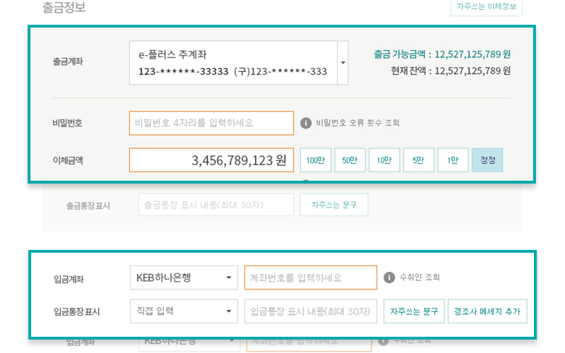 입/출금정보를 분리하여 입력