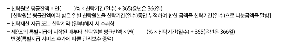 -신탁원본 평균잔액×연()%×신탁기간(일수)÷365(윤년은 366일) [신탁원본 평균잔액이라 함은 일별 신탁원본을 신탁기간(일수)동안 누적하여 합한 금액을 신탁기간(일수)으로 나눈금액을 말함] -신탁재산 지급 또는 신탁계약 (일부)해지 시 수취함 -제9조의 특별지급이 시작된 때부터 신탁원본 평균잔액×연()%×신탁기간(일수)÷365(윤년은 366일) 변경(특별지급 서비스 추가에 따른 관리보수 증액)