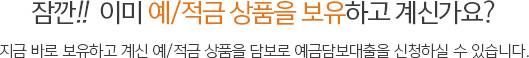 잠깐!!  이미 예/적금 상품을 보유하고 계신가요? 지금 바로 보유하고 계신 예/적금 상품을 담보로 예금담보대출을 신청하실 수 있습니다.